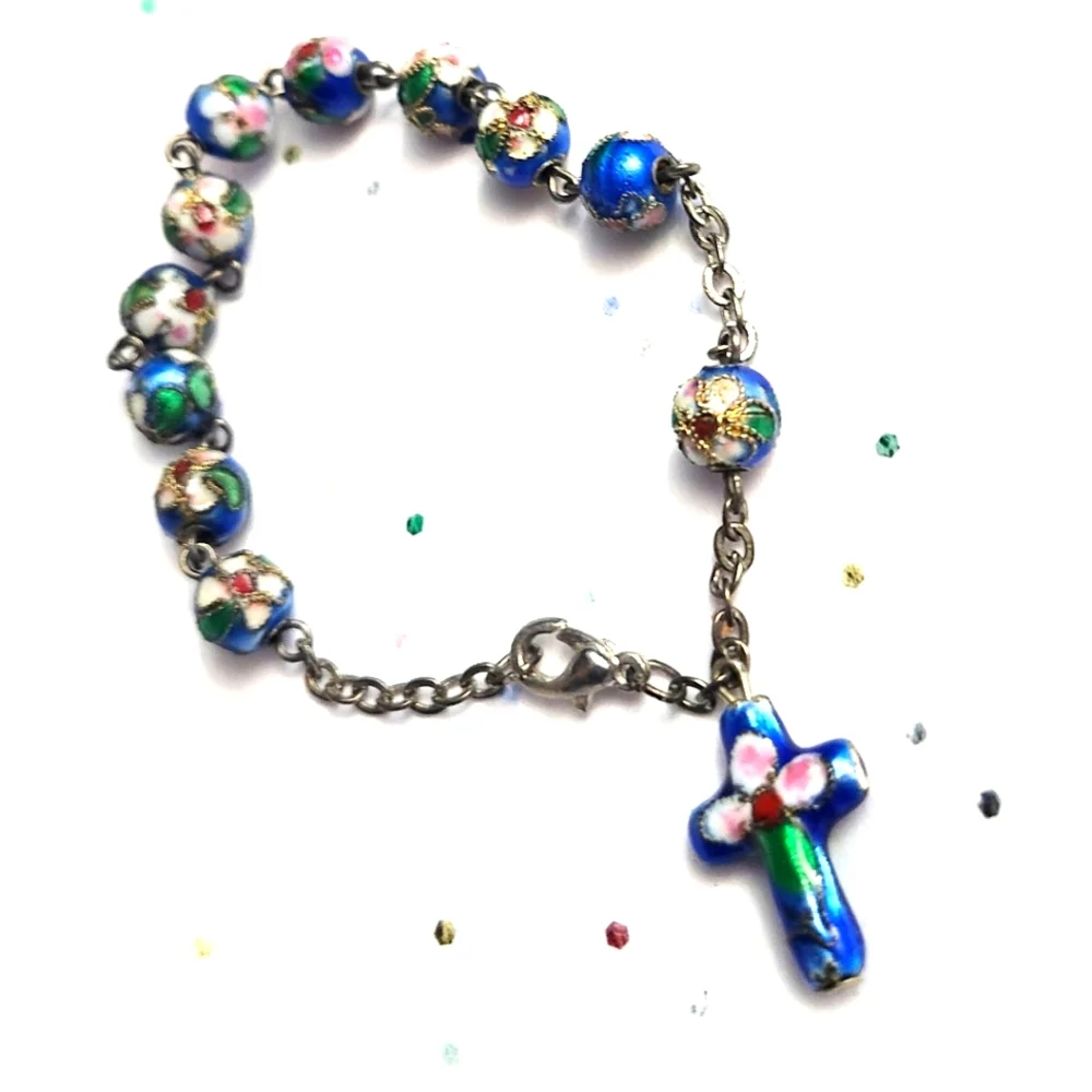 Vtg Cloissone Cloisonne Blue Enamel Rosary Cross Prayer Bead Bracelet - Picture 1 of 4